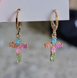 18k Gold Plated Galaxy Multicolor Cross Drop Earrings